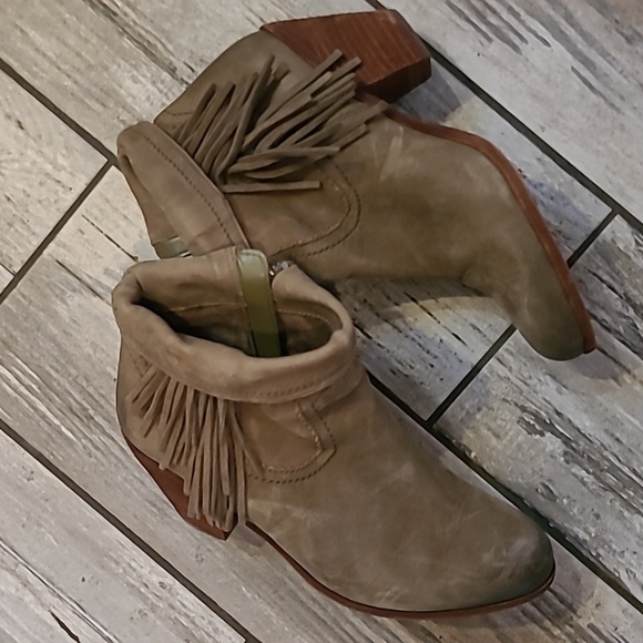 Sam Edelman Louis Louie Taupe Green Suede Leather Fringe Ankle Boots 10 Western - Picture 13 of 14